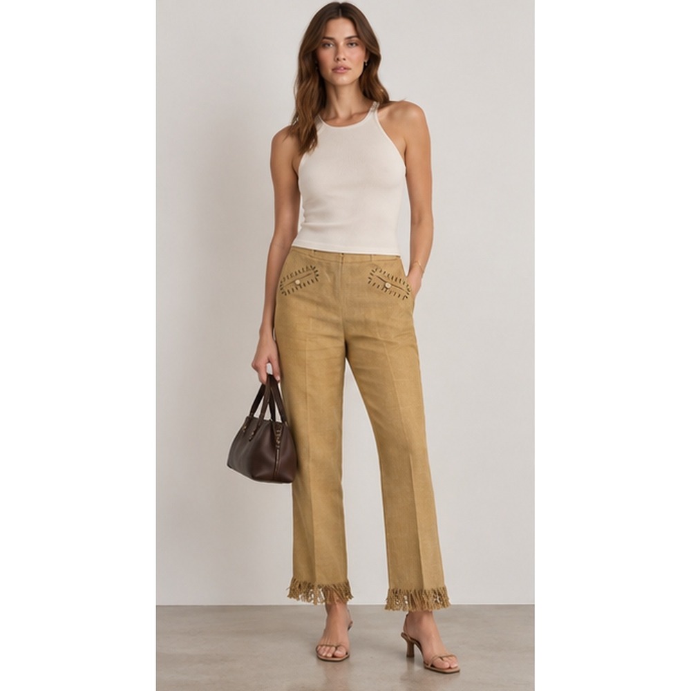 Club Monaco Pants Womens 6 Camel Vintage 100%Linen Fringe Hem Made In Canada Y2K